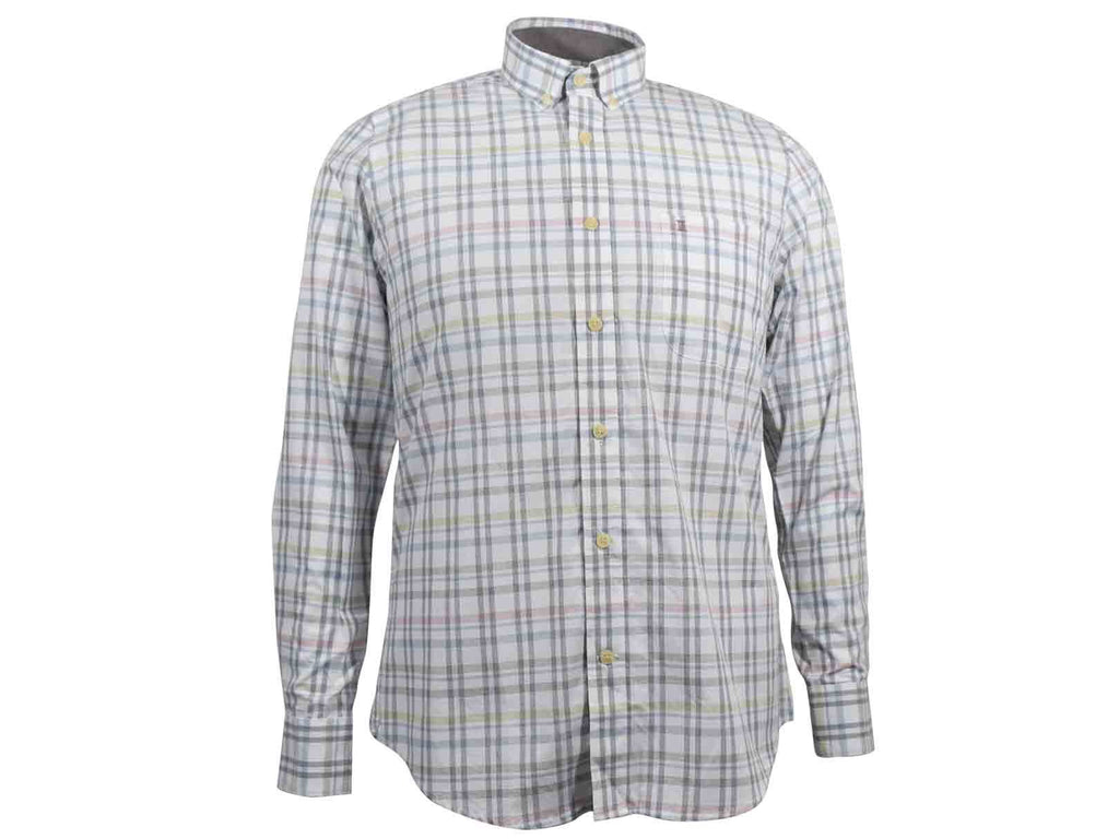 CAMISA MANGA LARGA GRIS CUADROS AMARILLOS 100% ALGODON