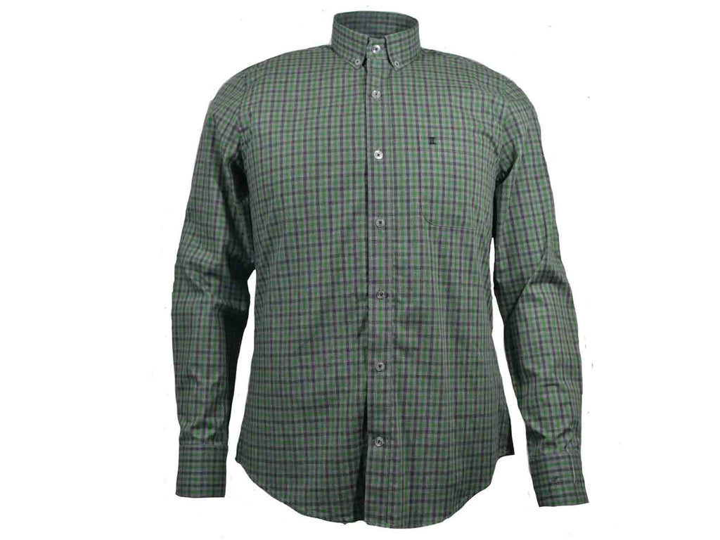 CAMISA MANGA LARGA VERDE CUADROS GRISES 100% ALGODON