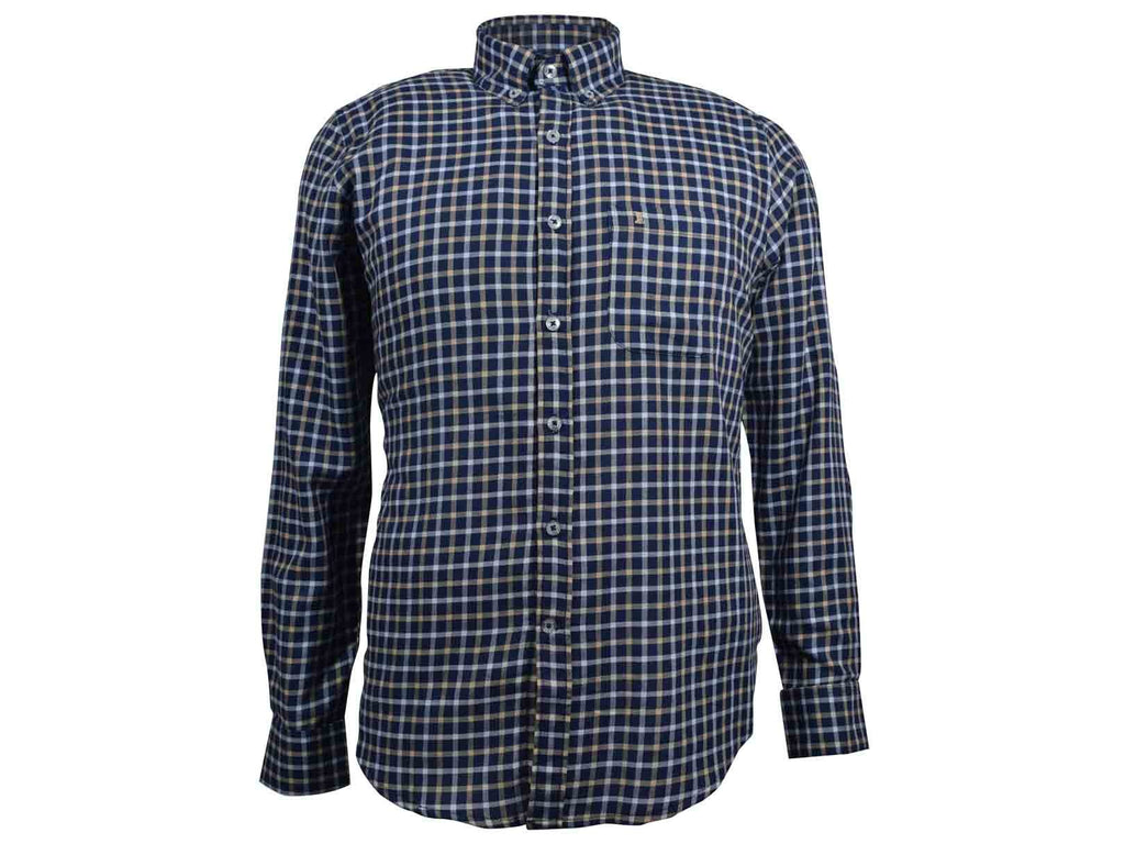 CAMISA MANGA LARGA AZUL CUADROS AMARILLOS 100% ALGODON