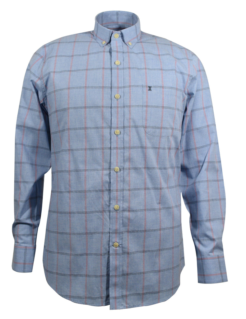 CAMISA MANGA LARGA AZUL CUADROS NARANJAS 100% ALGODON