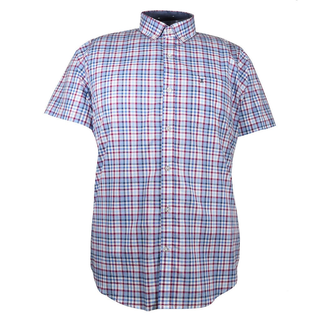 CAMISA MANGA CORTA AZUL CUADROS ROJOS 100% ALGODON