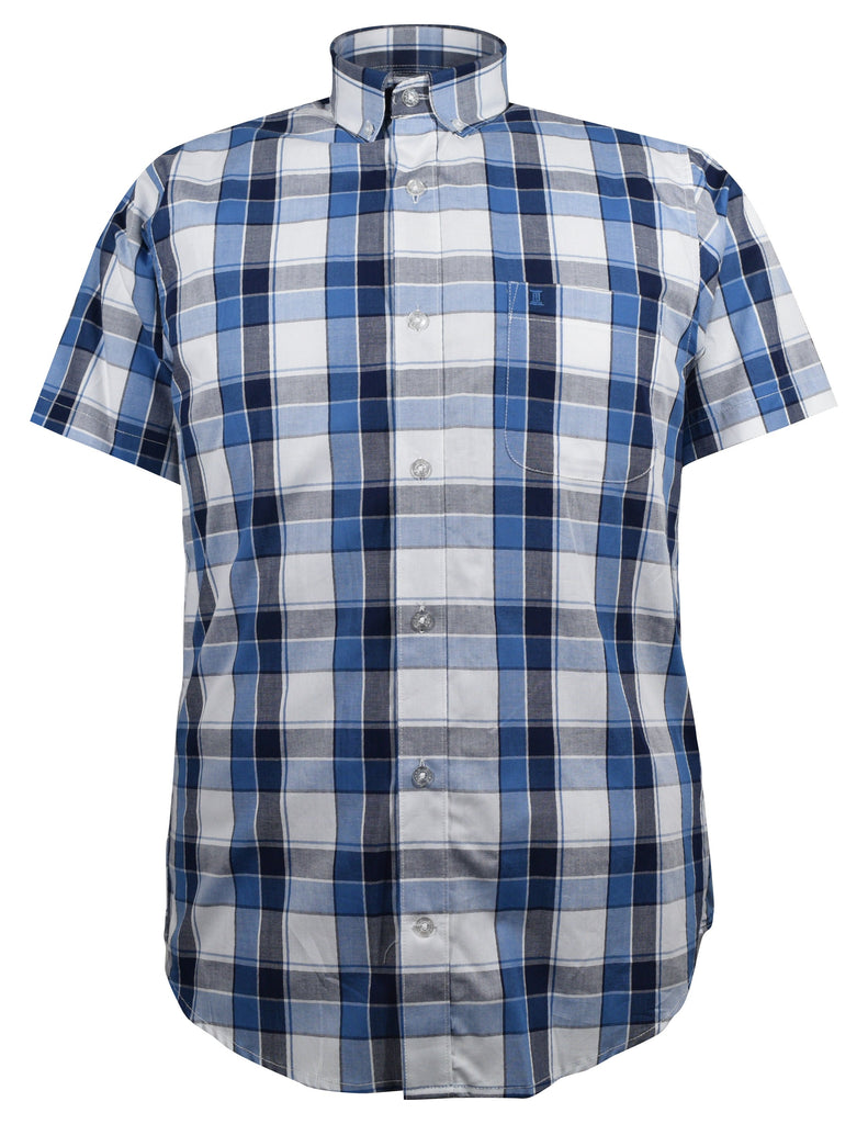 CAMISA MANGA CORTA AZUL CUADROS BLANCOS Y GRISES 100% ALGODON