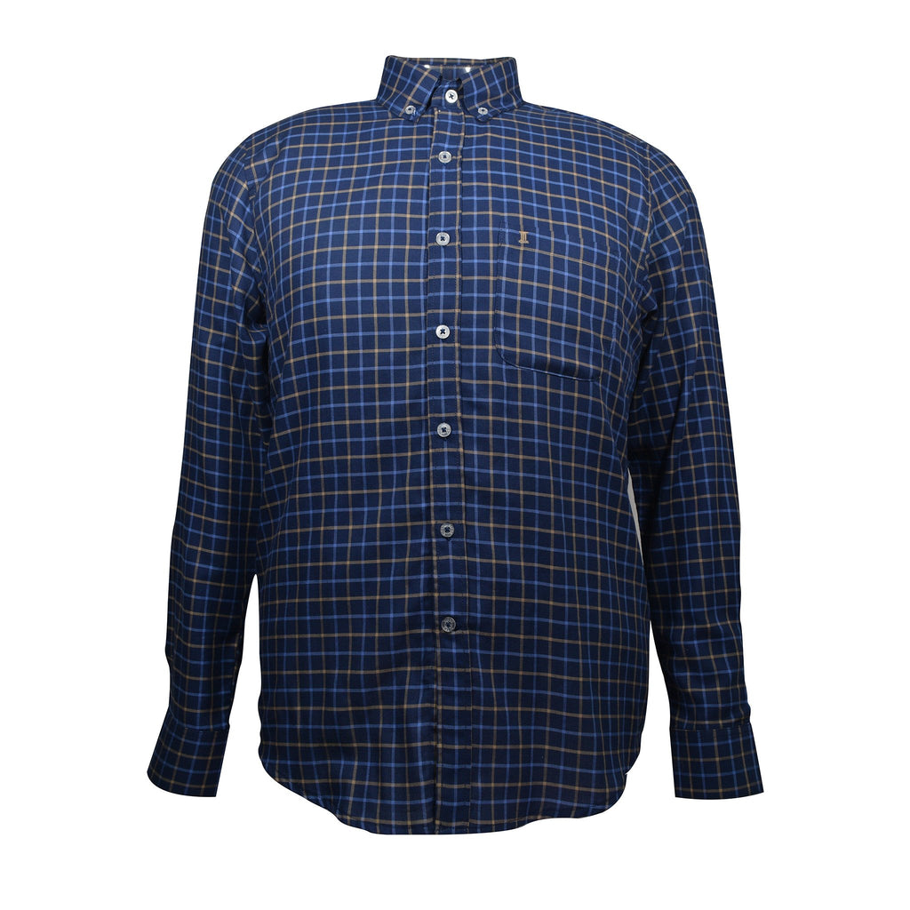 CAMISA MANGA LARGA AZUL MARINO CUADROS AMARILLOS 100% ALGODON