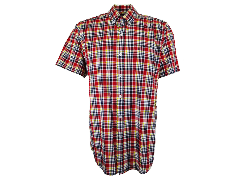 CAMISA MANGA CORTA CUADROS AMARILLOS CON ROJO 100% ALGODON