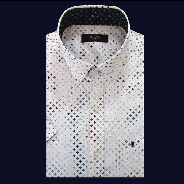 CAMISA  MANGA CORTA BLANCA ESTAMPADO ROJO 100% ALGODON