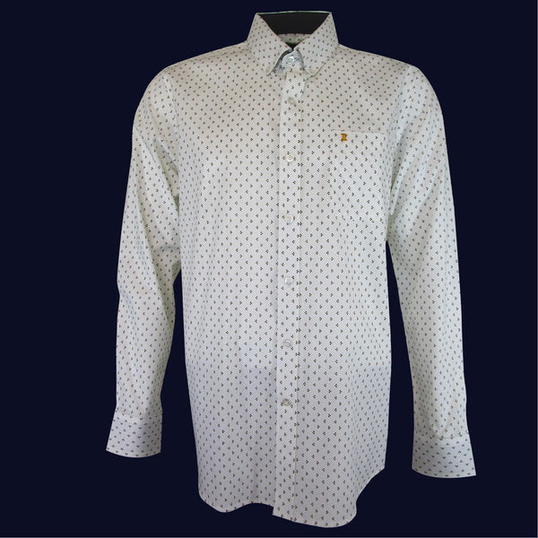 CAMISA  MANGA LARGA BLANCA ESTAMPADO AMARILLLO 100% ALGODON