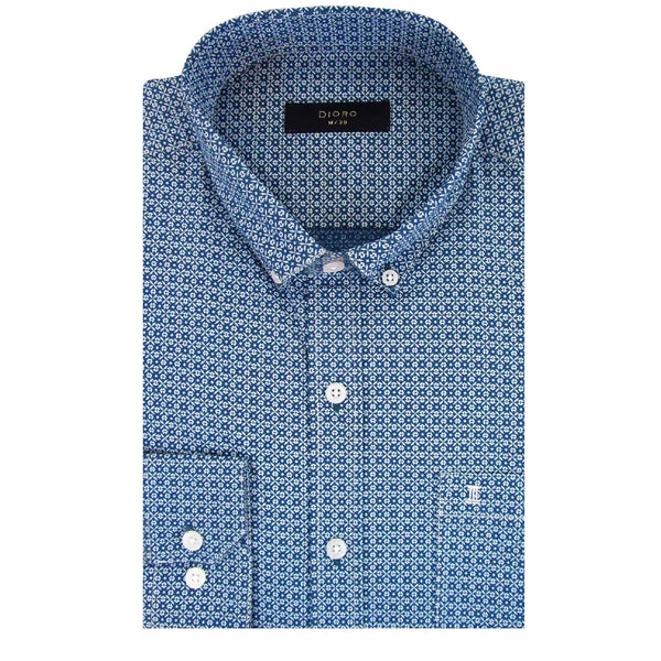 CAMISA  MANGA LARGA AZUL ESTAMPADA 100% ALGODON