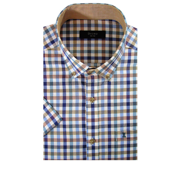 CAMISA  MANGA CORTA CUADROS CAFES 100% ALGODON