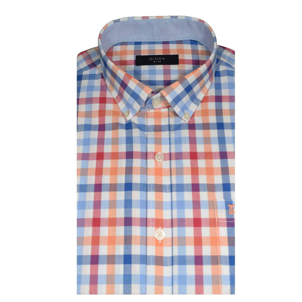 CAMISA  MANGA CORTA CUADROS ROJOS, AZUL Y NARANJA 100% ALGODON