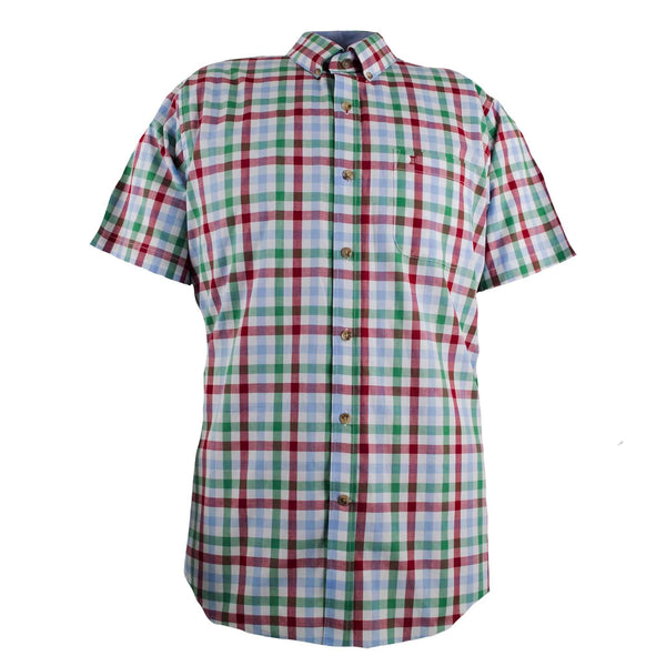 CAMISA  MANGA CORTA CUADROS VERDES Y ROJOS 100% ALGODON