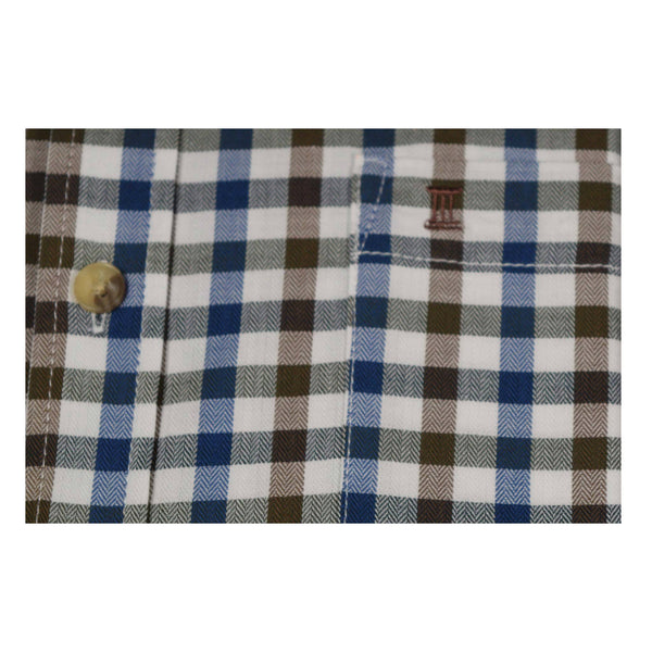 CAMISA MANGA CORTA CUADROS AZULES Y CAFES 100% ALGODON