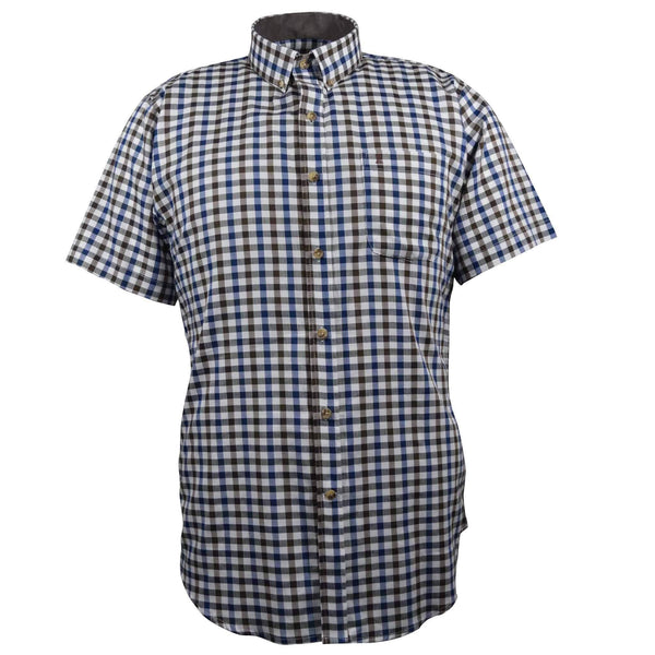 CAMISA MANGA CORTA CUADROS AZULES Y CAFES 100% ALGODON