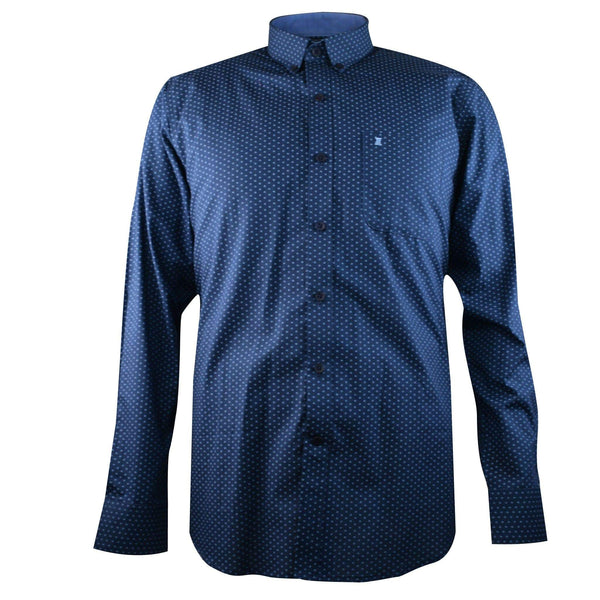 CAMISA  MANGA LARGA AZUL CON ESTAMPADO 100% ALGODON