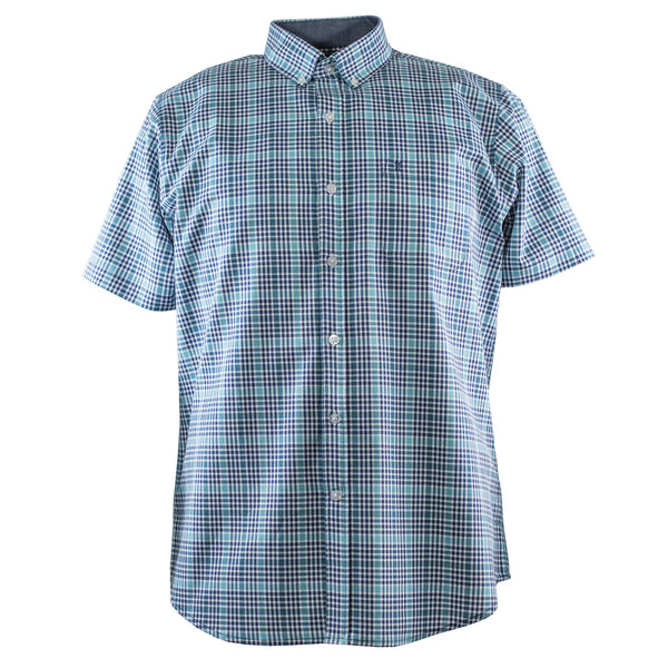 CAMISA MANGA CORTA VERDE CUADROS AZULES 100% ALGODON