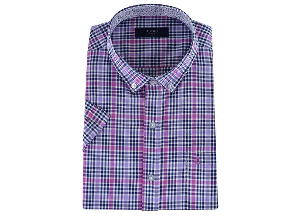 CAMISA MANGA CORTA MORADA CUADROS ROSAS 100% ALGODON