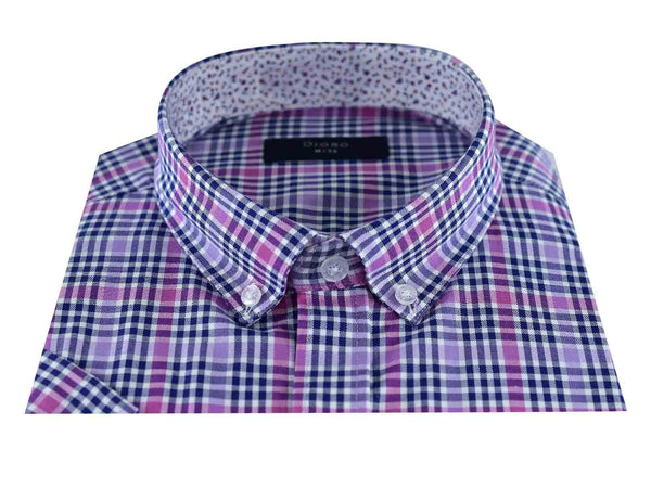 CAMISA MANGA CORTA MORADA CUADROS ROSAS 100% ALGODON