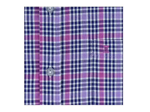 CAMISA MANGA CORTA MORADA CUADROS ROSAS 100% ALGODON