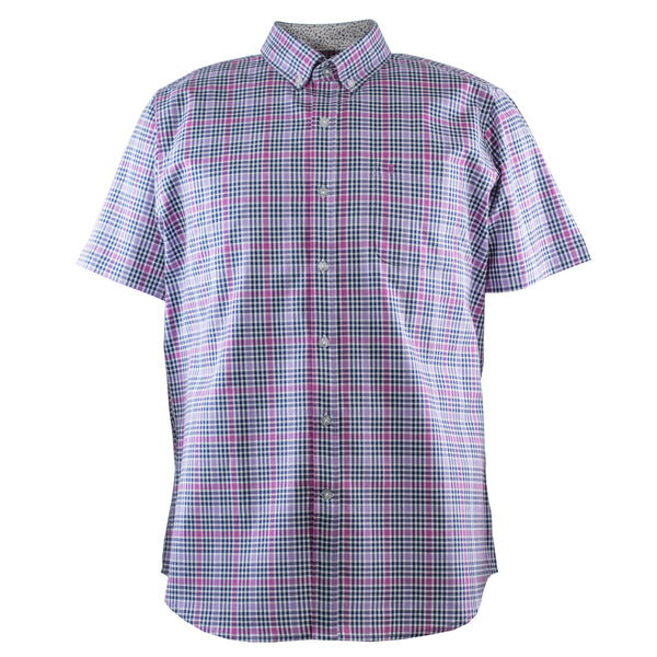 CAMISA MANGA CORTA MORADA CUADROS ROSAS 100% ALGODON