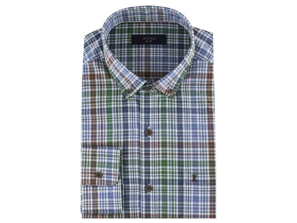 CAMISA MANGA LARGA CUADROS VERDE, CAFE Y AZUL 100% ALGODON