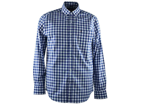 CAMISA MANGA LARGA BLANCA CON CUADROS AZULES 100% ALGODON