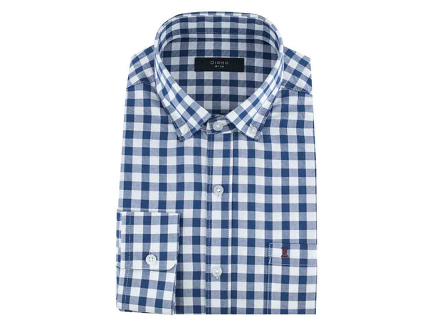 CAMISA MANGA LARGA BLANCA CON CUADROS AZULES 100% ALGODON