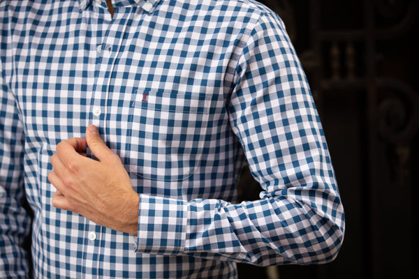 CAMISA MANGA LARGA BLANCA CON CUADROS AZULES 100% ALGODON