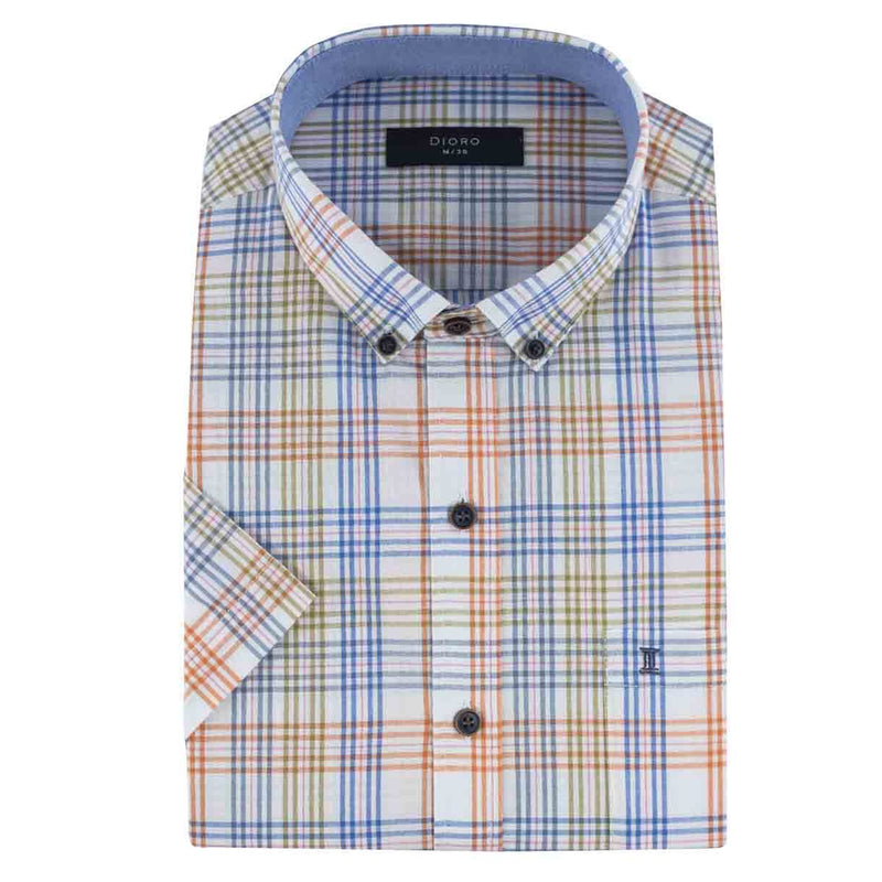 CAMISA MANGA CORTA BLANCA CUADROS NARANJA, AZUL Y VERDE 100% ALGODON