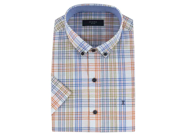 CAMISA MANGA CORTA BLANCA CUADROS NARANJA, AZUL Y VERDE 100% ALGODON