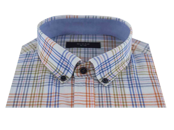 CAMISA MANGA CORTA BLANCA CUADROS NARANJA, AZUL Y VERDE 100% ALGODON