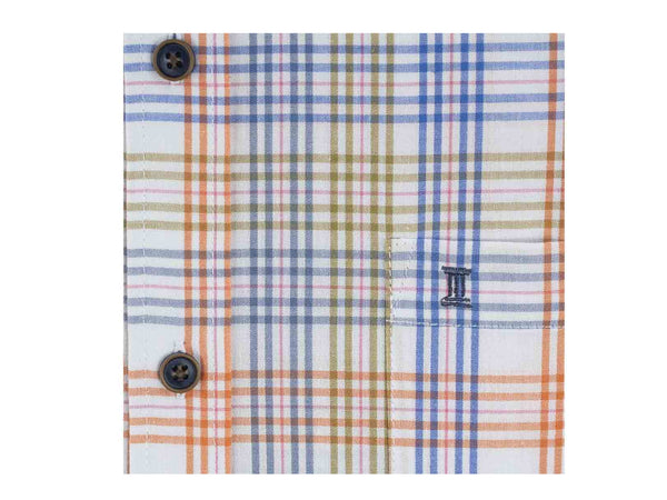 CAMISA MANGA CORTA BLANCA CUADROS NARANJA, AZUL Y VERDE 100% ALGODON