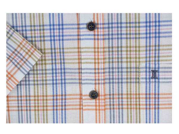 CAMISA MANGA CORTA BLANCA CUADROS NARANJA, AZUL Y VERDE 100% ALGODON