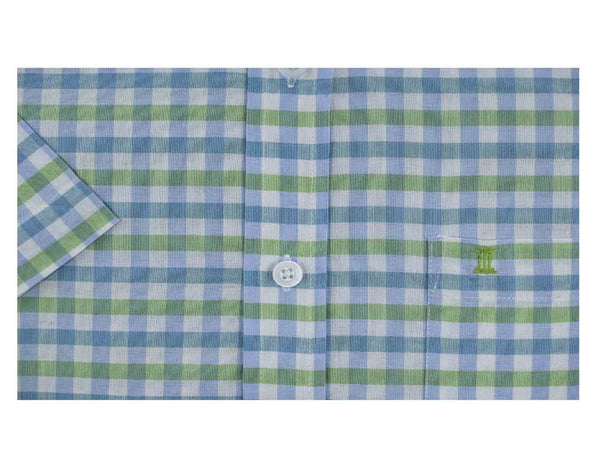 CAMISA MANGA CORTA CUADROS VERDES Y AZULES 100% ALGODON