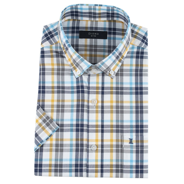 CAMISA MANGA CORTA CUADROS AZUL Y AMARILLO 100% ALGODON